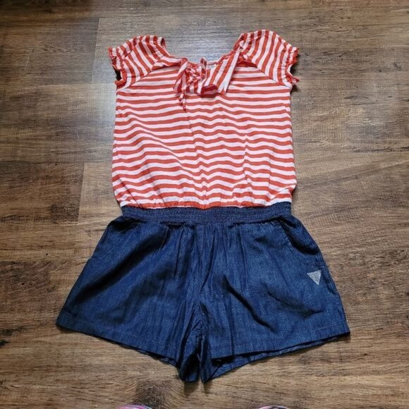 Girls Guess Romper Top Shorts Size Large 12 Denim Red White Stripes Naut… - Picture 1 of 7